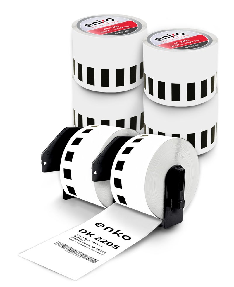 enKo Products enKo - Compatible DK-2205 Continuous Paper Labels (2.4 Inch x 100 Feet) Use with Brother QL Label Printers QL-800, QL-820NWB QL 810W [6 Rolls + 2 Refillable Cartridge Frames] - Image 1